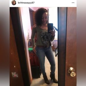 Olive Green Long-Sleeve Open-Shoulder Blouse